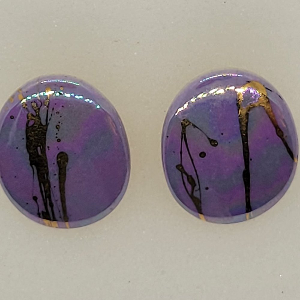 Earrings Purple with Gold Splats Oval Clip on E_OT0016.